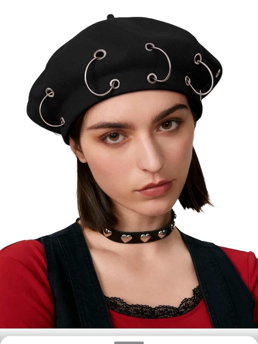 Black Beret with Silver Hoop Accents - Fashion Women's Hat